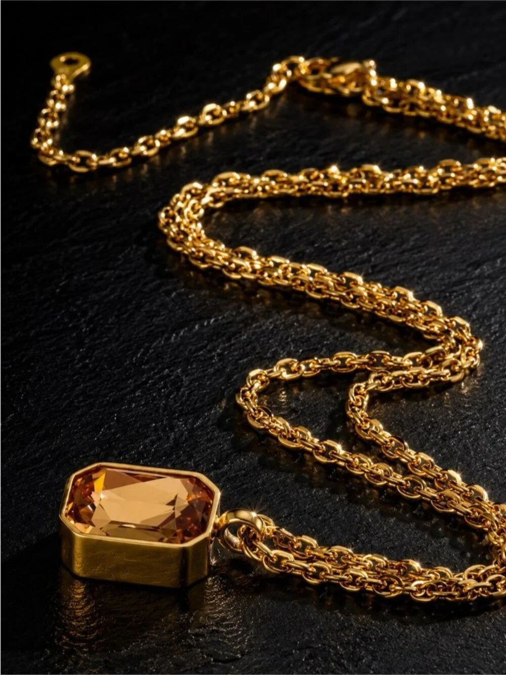 18K Gold plated Chain Necklace with Amber-Tone Faceted Pendant